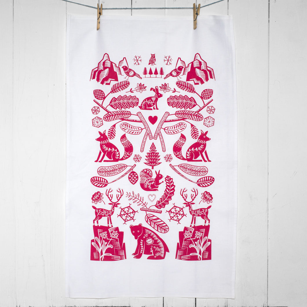 Scandi Forest Tea Towel Raspberry